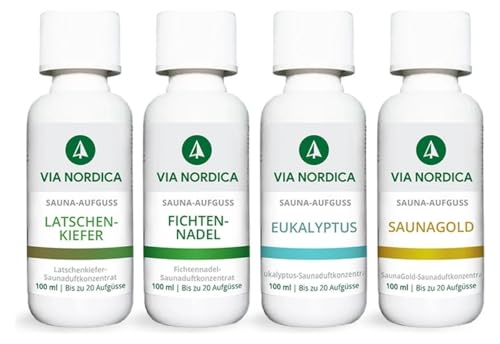 VIA NORDICA Saunaaufguss Set [AtemFrei-Komplex Formel] Saunadüfte & ätherische Öle - Tolles Saunaaufguss Probierset, Saunaöl Saunaduft Sauna-Zubehör Wellness Aufguss Duftöl - Set Bio Durchatmen