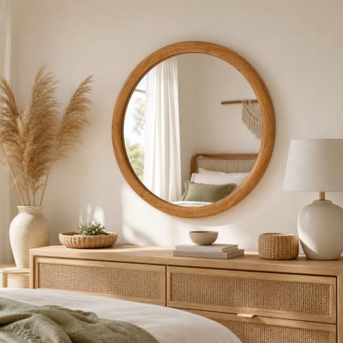 Wood Round Mirror 24 inch Circle Wall Mirror Natural Wood