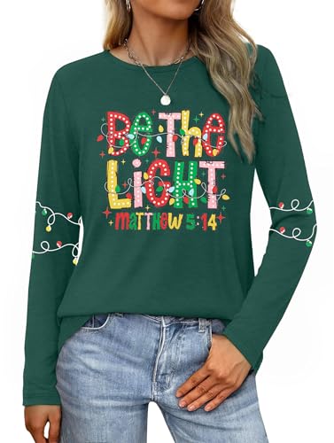 LOTUCY - Christmas Shirts Women Be The Light Christmas Long Sleeve Shirt Xmas Christian Holiday Graphic Tees Tops Green - -15%