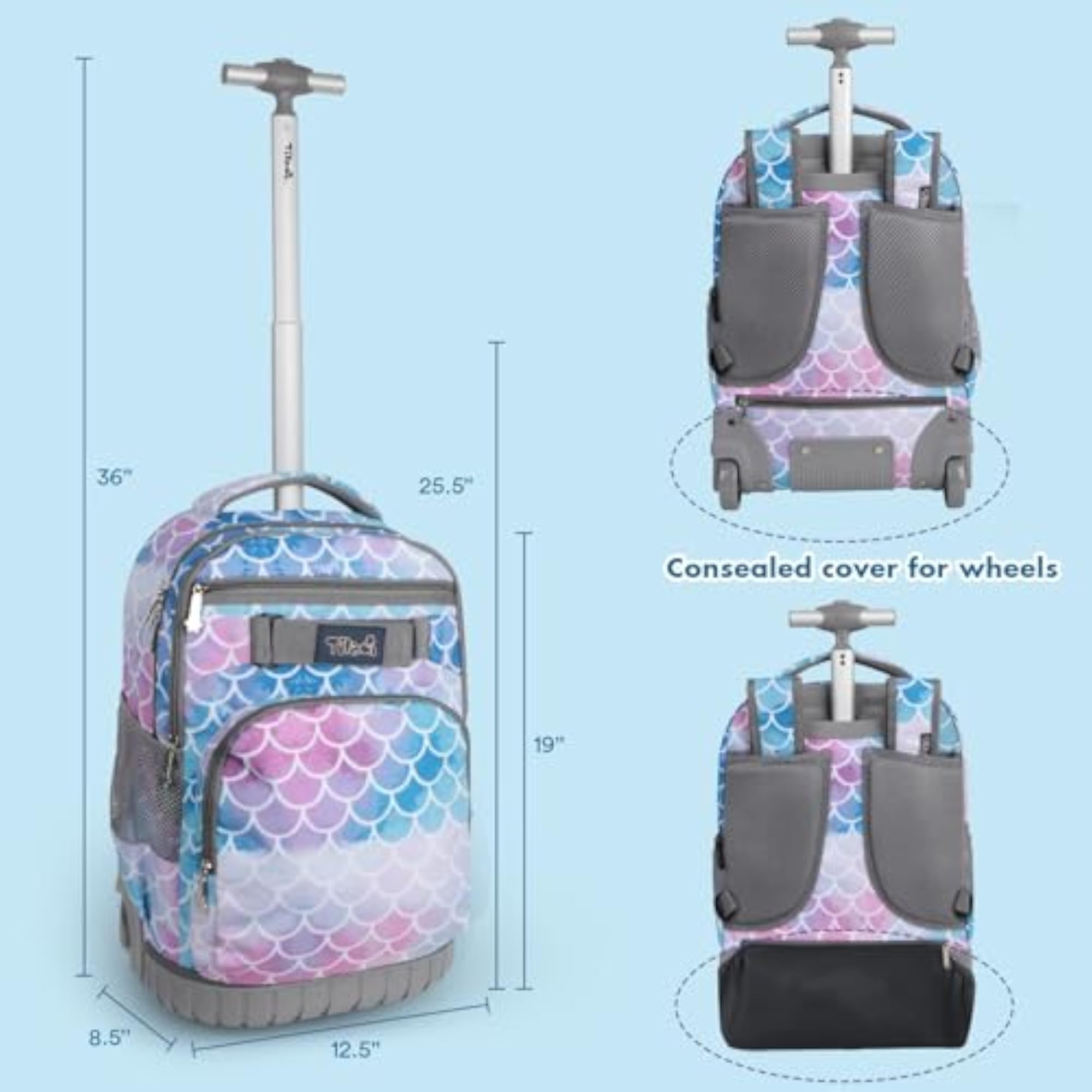 Rolling Backpack with Concealed Pockets and Wheel Cover