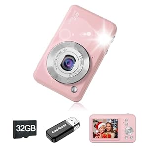 Digital Camera, 1080P HD Compact Portable Vlogging Camera with 32GB Memory Card, Long Battery Life Digital Cameras, for Children Boys Girls(Pink)