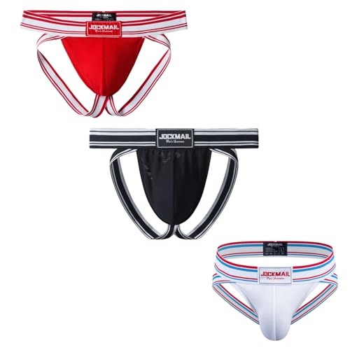 JOCKMAIL 3PCS/Pack Jockstrap Athletic Supporters for Men Jock Strap Male Underwear for Gym Men's Thong Underwear Sport (US, Alpha, XX-Large, Regular, Regular, Black+White+Red)