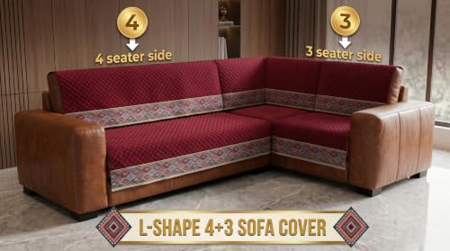 Image of KINGLY L-Shape Sofa Cover 7 Seater 4+3 Velvet Full Cover - Maroon | Fully covered quilted velvet slipcover, washable anti-slip furniture protector, L-type corner sofa cover for living room