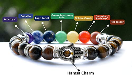 Image of Reiki Crystal Products Certified Natural Crystal Stone 7 Chakra with Hamsa 8 mm Round Beads Bracelet for Men & Women | Reiki Charged Gemstone Bracelet | Multiple Stone Variants Available