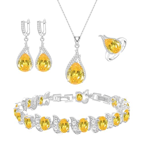 GZWHD Yellow Citrine Crystal Earrings Necklace Ring Bracelet Set for Women Bi...
