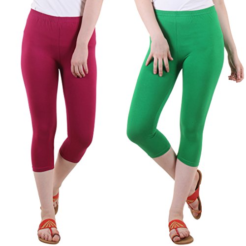 Image of DIAZ Women Cotton Stretchable Capri | Slim /Regular Fit | Breathable Yoga, Gym & Lounge Wear | High-Waist Stretchable 3 /4 Length Leggings with Wide Waistband - Pack of 2