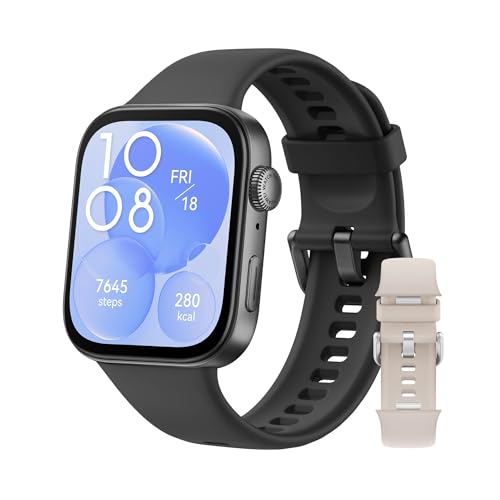 Huawei Watch FIT 3 Pantalla AMOLED de 1.82 Pulgadas, Ultrafino, Llamadas Bluetooth, hasta 10 días de batería, Compatible con Android iOS, Control Integral de Salud, GPS,Negro+Watch FIT3 Strap White