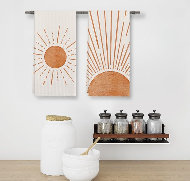 Miniatura 2 de Juego de 2 toallas de cocina modernas de algodón abstracto de 24 x 16 pulgadas, diseño bohemio, amanecer, rayos de sol, sol, rayos de sol, sol y