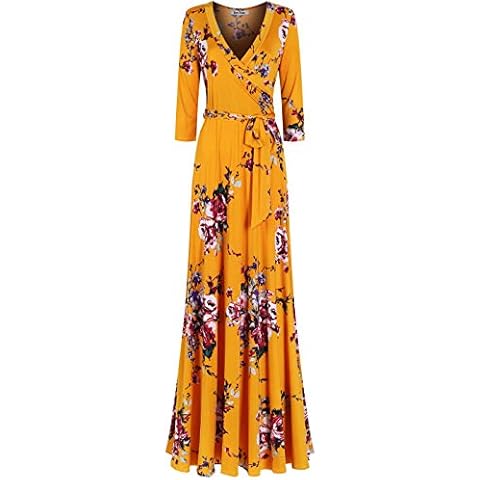 Bon Rosy Women's 3/4 Sleeve V-Neck Printed Maxi Faux Wrap Floral 523 Dress Mustard S Cover