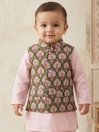 Image of Pspeaches Boys Cotton Full Sleeves Mandarin Collar Solid Kurta & Pyjamas With Dobby Jacket 3 Piece Set|Ethnic Wear For Cute Baby Boys|Traditional & Festive Outfit