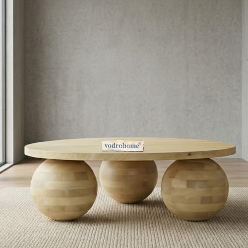 Image of Solid Mango Wood Modern - Round Coffee Table with Ball Shape Base - Bohemian Solid Wood Coffee Table for Office and Living Room C#058 (Natural)