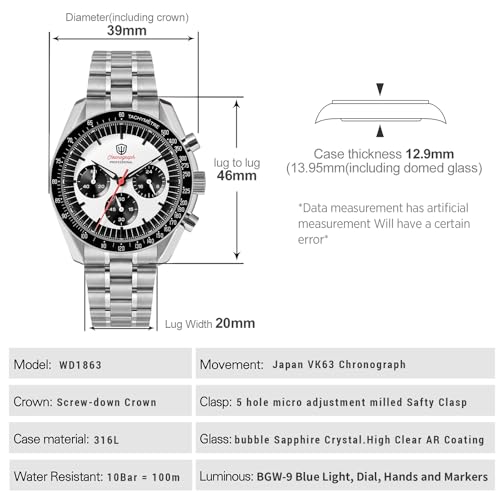 Image of watchdives WD1863 Men Chronograph Watch Japan VK63 Quartz Sports Watches 40mm Bubble Sapphire Crystal Wristwatch 100M Dive Watch