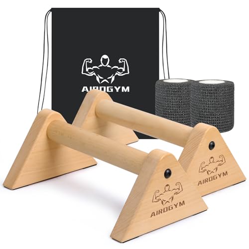Image of Airogym Wooden Parallettes Push Up Bars, Beech Wood Calisthenics Equipment for Home Gym Use, Perfect Pushup Bar Stable Handstand Push Up Handles for Floors, Includes Wrapping Belt and Carrying Bag