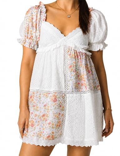 Women Floral Patchwork Babydoll Mini Dress V Neck Puff Sleeve