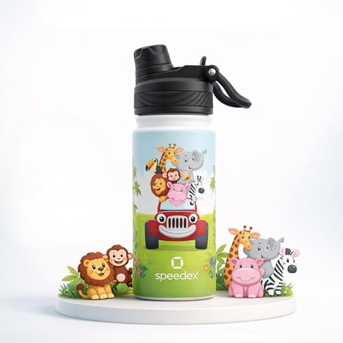 Image of Speedex Jungle Toon 500 Kids Vacuum Insulated Stainless Steel Water Bottle 450 ML | Double Wall Hot & Cold Sipper (Straw + Direct Sip) | Leakproof BPA Free School Water Bottle for Boys & Girls