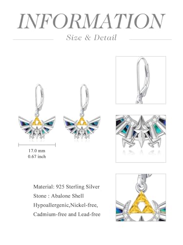 WINNICACA Game Earrings 925 Sterling Silver Anime Triforce Legend Drop Dangle Earrings Abalone Shell Jewelry Gifts for Men Women Birthday Graduation Presents Gifts4