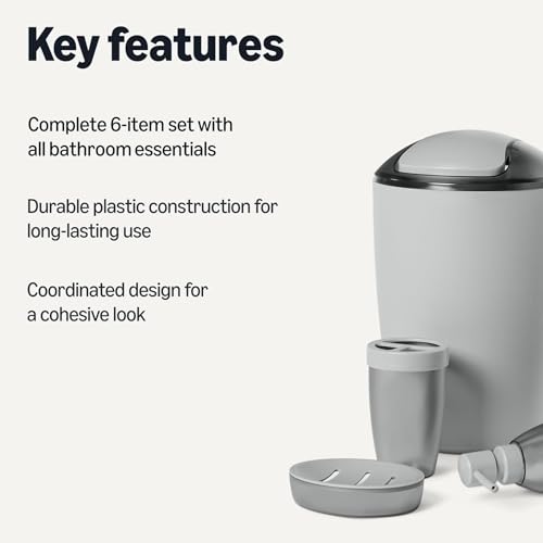 Image of Amazon Basics Bathroom Set, 6-Piece with Toothbrush Holder, Soap Dispenser, Soap Dish, Toothbrush Cup, Trash Can, Toilet Brush and Holder, Grey