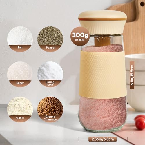 Salt Shakers for Kitchen with Measuring Spoon, BPA-Free Glass 2-in-1 Spice Jars Shake Less Salt & 1g Scoop, Salt Container for Low Sodium and Salt People, Easy Filling（1PCS）