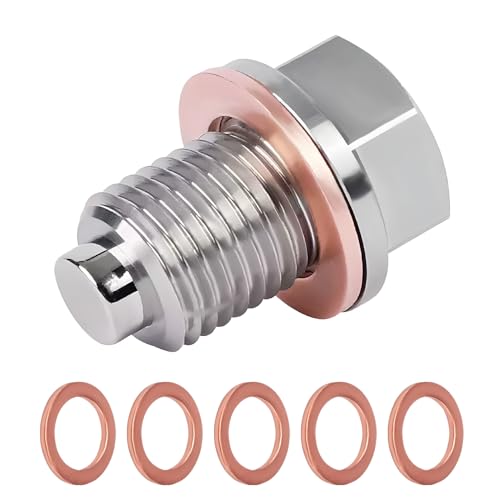 Magnetic Oil Drain Plug M14 x 1.5, Universal Stainless Steel Sump Drain Nut Bolt with 5 Copper Crush Washers Replacement Oil Plug for Honda Ford Hyundai Mazda Cars Boats Motorcycles