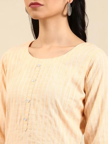 Image of SHOWOFFFF Women Woven Design Straight Ethnic Kurta | Round Neck 3 /4th Sleeves Cotton Kurta for Womens | Regular Fit Calf Length Kurta for Women's