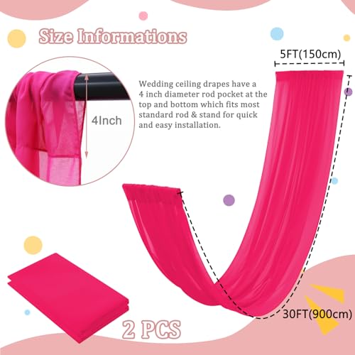 Image of FOTSHARER Ceiling Drapes for Weddings Hot Pink 5x30FT 2 Panels Fuchsia Chiffon Arch Draping Chiffon Fabric Sheer Curtains for Backdrop Tulle Ceiling Drapery for Bridal Shower Wedding Reception Decor