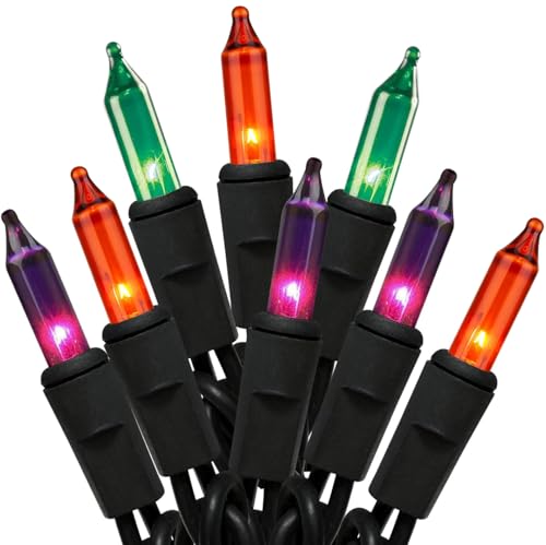 Witch's Hat Calzones 7 Multi Color Halloween String Lights, Dark Purple, Green, Orange Bulbs - 100 Count Halloween Lights on Black Wire (24 Ft) - for Indoor & Outdoor Use - UL Listed - Static / Blinking Modes - Connectable