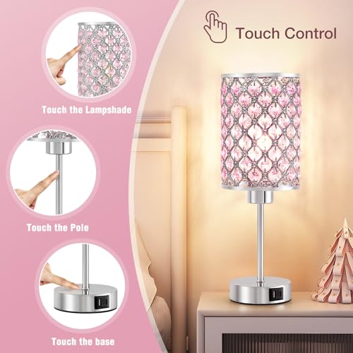 GyroVu Crystal Table Lamp, Pink Touch Lamp with USB C+A Ports, Dimmable Lamp with Crystal Shade, Bedside Lamp Small Lamp for Girl Bedroom, Living Room(Buld Included) by GyroVu - Image 5