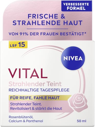 NIVEA VITAL Strahlender Teint Reichhaltige Tagespflege LSF 15, Feuchtigkeitscreme für einen strahlenden Teint mit Rosenblütenöl und Calcium, Gesichtspflege für reife Haut (50 ml)