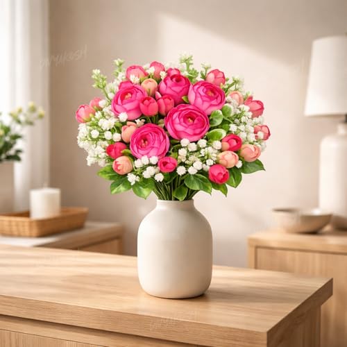 Image of Divyakosh Artificial Peony Flower Bunch for Vase | Real Touch Faux Flowers with Gypsophila & Green Leaves | Decorative Fake Flowers for Home Living Room Bedroom Office Table Decor (VASE NOT Included)