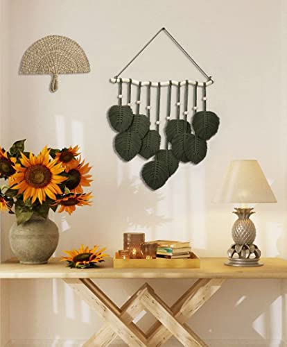 Losour Boho Wall Decor-Handmade Green Leaves Macrame Wall Hanging, Farmhouse Macrame Feather Wall Decor, Wall Art, Boho Nursery Decor For Room Decor (10 Leaf, Solid Green Color) #TOP1