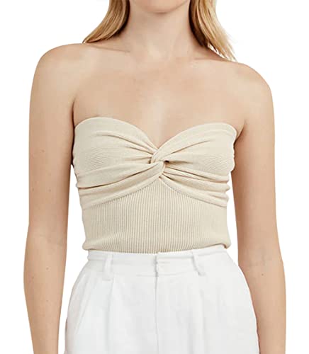 MISSACTIVER Women Twist Knot Front Knit Tube Tank Top Sleeveless Off Shoulder Strapless Crosscriss Backless Crop Camisole(Small,Apricot)