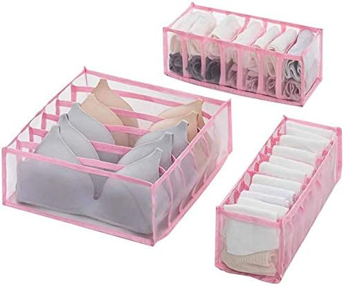 Wuerjo Underwear Storage Box Compartment- Foldable Underwear Storage Box with 6/7/11 Compartments Nylon Divider Box Socks (Pink, 3 Set)