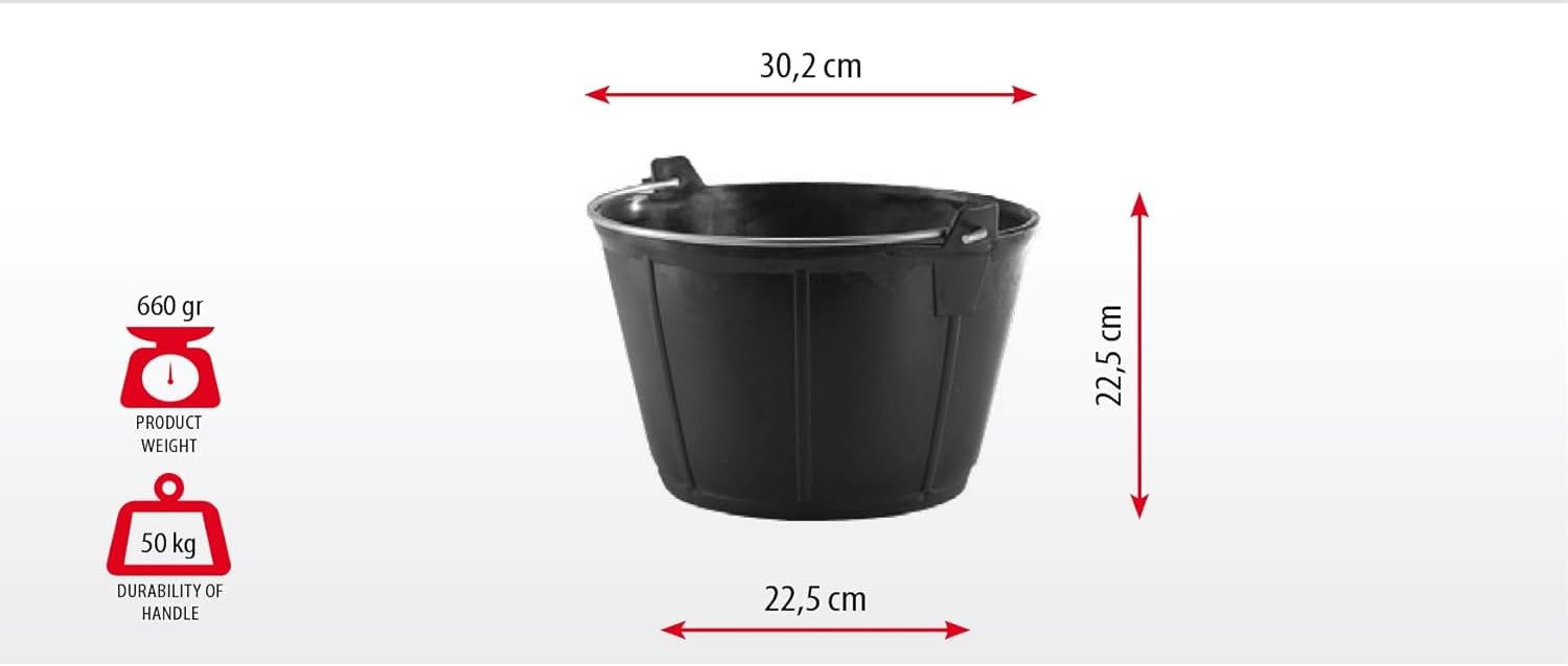 Mehrzweckkorb, großer Behälter, Maurerkübel Flexi, Mauerwerkskübel - Stark, Haltbar, Flexibel und Leicht - Zwei robuste Griffe - Ausdauer 50kg - 11L, 30,5x22,5x22,5cm, Schwarz - 5 Stück