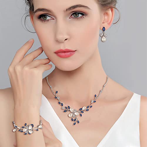 EVER FAITH Marquise CZ Simulated Pearl Bridal Flower Leaf Filigree Necklace Earrings Bracelet Set3