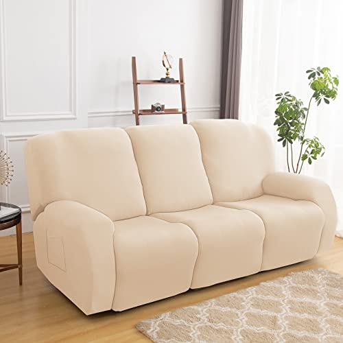 Stretch Recliner Chair Cover,8-Pieces Sofa Cover Slipcover Couch Covers,Armchair Cover Non-Slip Furniture Protector ,Elastic Spandex Soft Recliner Chair Protector with Side Pocket(3 Seater Beige) - Image 3