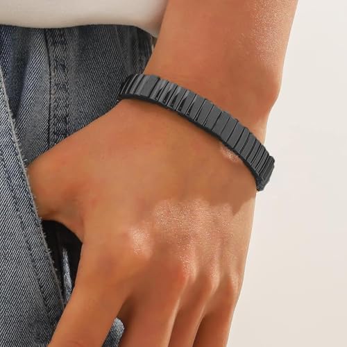Image of VAMA Silver Black Stainless Steel Stretchable Elastic Bracelets Casual Formal Silver Stretch Link Wristband Hand Bracelet for Men Boy's