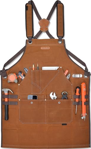 WELKINLAND 16-Pockets Waxed-Canvas Tool Apron, Heavy-Duty Woodwork Aprons, Fully-Adjustable Carpenter