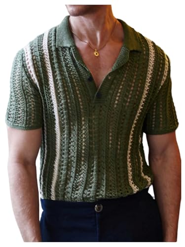 Verdusa Men's Striped Color Block Sweater Half Button Short Sleeve Collar V Neck Knitwear