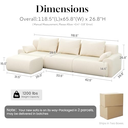 GRUSIGN 118'' Sectional Boneless Oversize Modular Couches, Curved Cloud Sectional Couches for Living Room,Rounded Corner Design L Shape Deep Seat Family Sofa with Ottoman & 3 Throw Pillows, Beige | Premium Corduroy, No Assembly Required, Rounded Corner, High-Resilience Foam, Ergonomic Support, Flexible Modular - Image 3