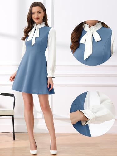 Image of Allegra K Tie Neck Dresses for Women's 1960s Vintage Long Sleeve Contrast Color Dress