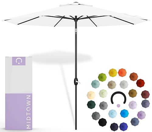 Image of Midtown Umbrellas - 10-Year-No-Fade 8 Ft Patio Umbrella with Terylast Fabric, Auto-Tilt Aluminum Frame and 8 Reinforced Ribs for Deck, Pool, Garden & Beach - Ivory White Canopy, Black Pole