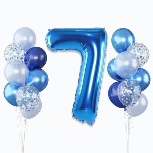 Image of 7 Balloon Number Dark Blue, Big Number 7 Mylar Balloon Pastel Navy Blue with Metallic Silver Confetti Balloon for Boys 7th Birthday, Foil 40'' Self Inflating Balloon 7 for Anniversary Party Decoration