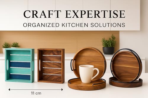 Image of Craft Expertise Round Wooden Serving Tray - 11x11 Inches, Decorative Rustic Brown Mango Wood Platter with Handles - Handmade Home Decor Tray for Coffee Table, Kitchen (Pack-1)
