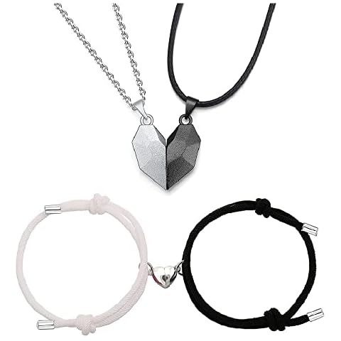 4 Pcs Couples Bracelets Necklaces Set, Matching Heart Magnet Couples Necklace and Magnetic Bracelets for Couples, Heart Magnet Couples Jewelry for Boyfriend and Girlfriend Cover
