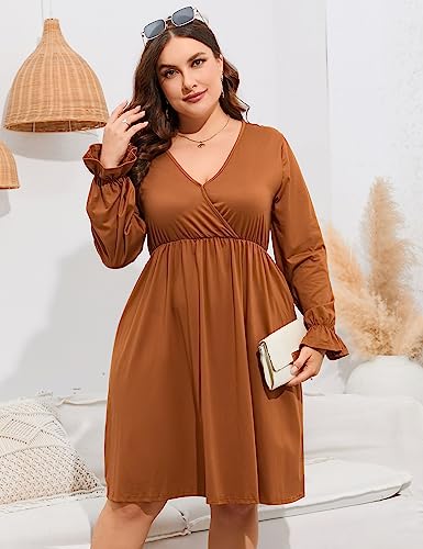 Image of ShopWonder Plus Size Dress Women's V Neck A-Line Knee Length Wrap Swing Dresses Plus Size A Line Party Mini Dress