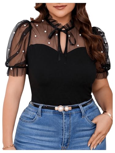 WDIRARA Women's Plus Size Mesh Patchwork Pearls Blouse Tie Neck Puff Short Sleeve Top