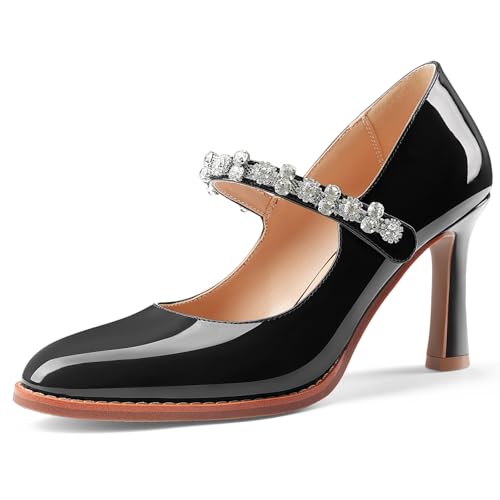 Oh Mispares Pointed Toe Heels for Women Mary Jane Stiletto Pumps Patent Leather Rhinestone Strap 3.5 Inch Dress Shoes for Wedding Party Prom New Parent