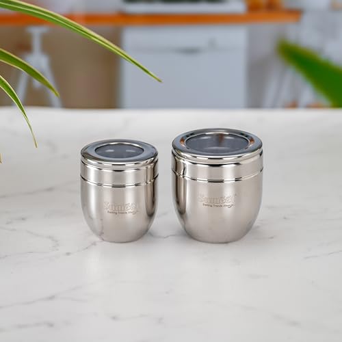 Image of Sumeet Stainless Steel Conical Shape Canisters /Dabba /Storage Containers for Kitchen with See Through Lid, Set of 2 Pcs, (250ml-7cm Dia-1Pc & 400ml-8.5cm Dia-1Pc), Silver