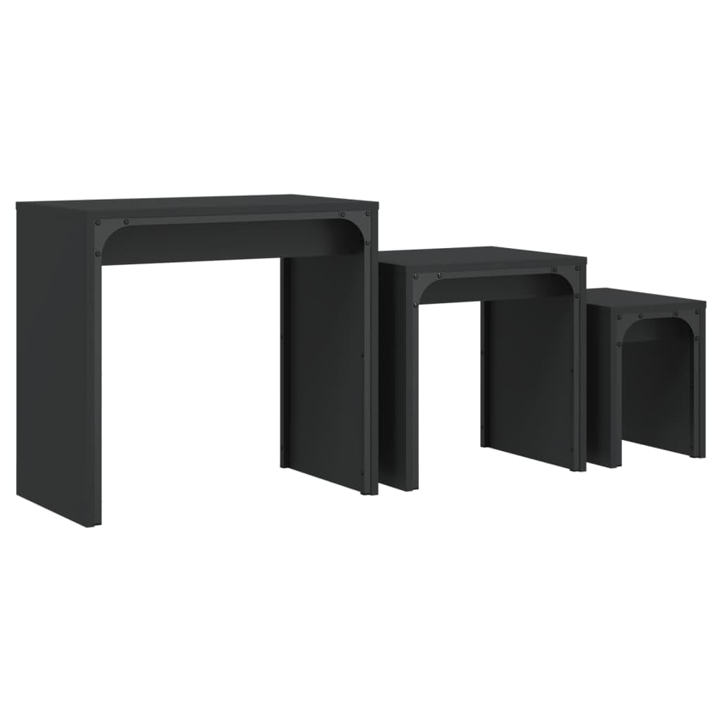 Juego de 3 Mesas Nido, Material Madera de Ingeniería y Metal, Diseño Industrial Apilable, Multifuncional y Compacto, Mesa Auxiliar Sofá, Muebles de Salón, Color Negro, 60x35x56 cm