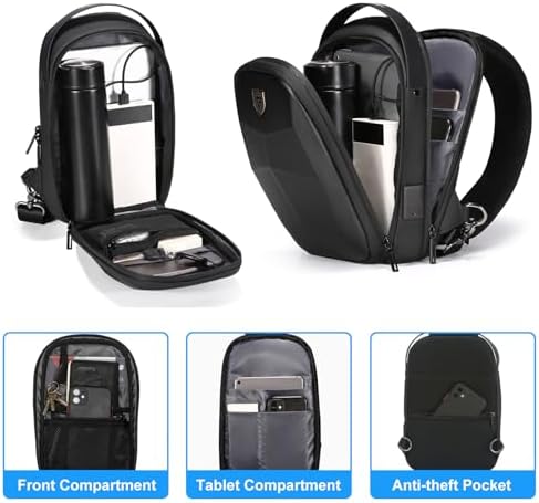 FENRUIEN Hard Shell Sling Bag for Men, Water Resistant Crossbody Backpack with USB Port, Black Chest Bag for Travel/Daily